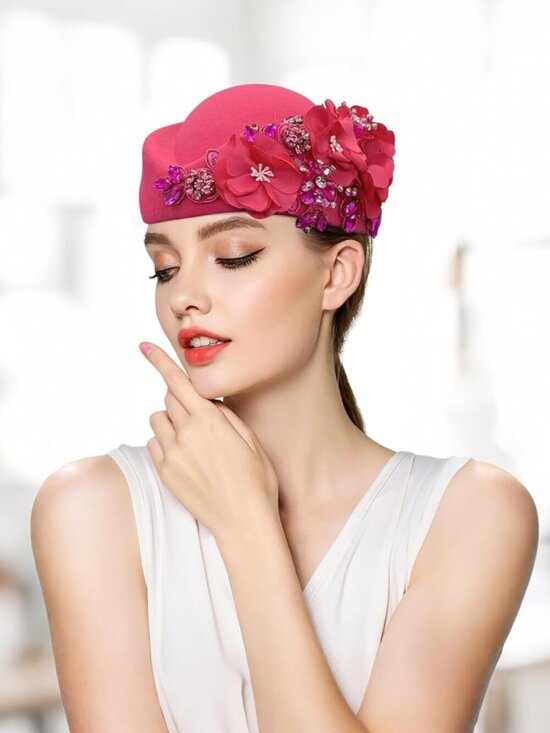 Women\'s British Felt hat Church Derby Headdress Floral Beret hat Rose Red main image 5